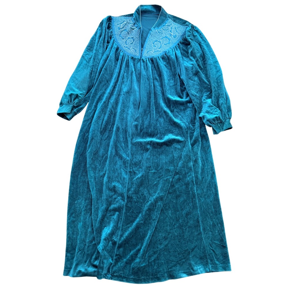 Vintage‎ Teal Blue Velour Zipper Front Robe Embroidered Yoke Long House Dress